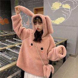 Women's Hoodies Girl White Pink 2022 Women Cute Kawaii Hoodie Hooded Teddy Jacket Spring Solid Casual Thin Lambswool With Bag Tops