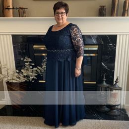 Plus Size Navy Blue Mother Evening Party Dress Vintage Mother of The Bride Robe 3/4 Sleeves Vestidos de Noite