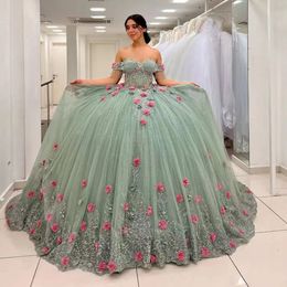 Luxury Green Sweet Quinceanera Dresses For Mexico Girls 3D Flowers Sweetheart Tassel 15 Birthday Party Prom Dress Robe De Bal