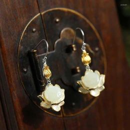 Dangle Earrings White Jade Lotus Charm Women 925 Silver Jewellery Stone Natural Chalcedony Gift Gifts Amulet Gemstones Luxury Vintage