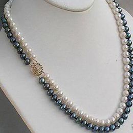 Charming 2 rows 7-8mm black white freshwater pearl necklace 17-18"
