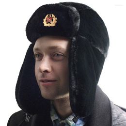 Berets Men's Winter Soviet Badge Lei Feng Hats Russian Ushanka Bomber Hat Outdoor Warm Plus Velvet Thicken Faux Fur Snow Caps