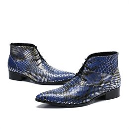 Python Pattern Print Men Club Party Dress Boots Genuine Leather Pointed Toe Lace Up Ankle Boots
