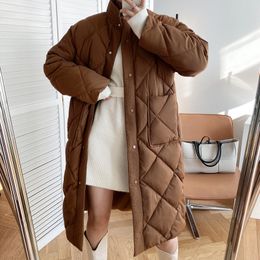 Women's Down Parkas Casual Winter Stand-up Collar Argyle Pattern Oversized Jacket Chic Parka Korean Style Long Cotton-padded Coat 221124