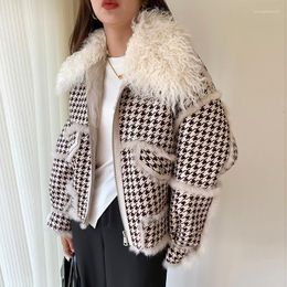 Women's Trench Coats 2022 Autumn Winter Faux Lamb Fur Sheepskin Coat Plaid Granular Sheep Shearing Jacket Female Casual Warm Outerwear 4XL