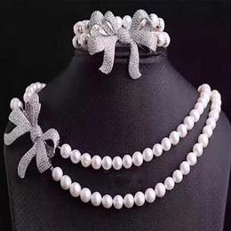 new woven pearl 8-9mm fresh water with zircon micro inlay Bowknot necklace Bracelet