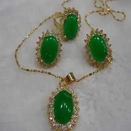 new Style saleFashion jewelry beautiful green jade necklace pendant earring ring7-9 Set