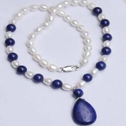 fashion Jewellery 7-8MM White Pearl Lapis Lazuli Pendant Necklace 18"