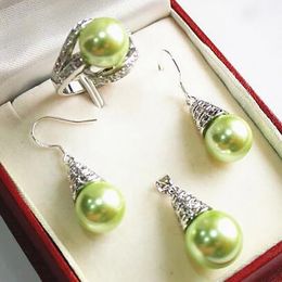 new jewelry silver plated 12mm green shell pearl Necklace pendant earring ring set