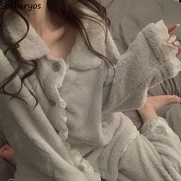 Women's Sleepwear Warm Windproof Pajama Sets Women Lace Coral Fleece Furry Simple Modern Casual Nighty Sweet Girls Ins Retro Nightwear 221124