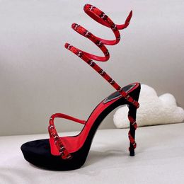 Sandali con plateau Rc moda Nero Rosso Strass anello per piede intrecciato scarpe da donna Designer di lusso fascia stretta 12,5 cm tacco alto novità Sandalo con tacco 35-43 Taglia