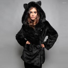 Women's Fur Ears Hooded Cartoon Soft Fleece Coat Winter Loose Comfortable Women Overcoat Autumn Warm Mink Imitation Outerwear