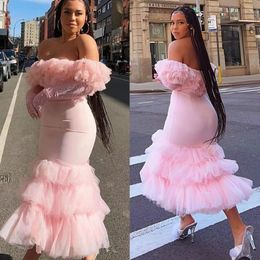 Ankle Length Pink Mermaid Prom Dresses For Women Pleats Off The Shoulder Tiered Black Girls Bridesmaid Evening Party Gowns Brithday Special Occasion Wear 2023