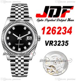 JDF Just 36 126234 VR3235 Automatic Mens Watch V2 Fluted Bezel Black Dial Diamonds Markers Jubileesteel 904L Steel Case Bracelet Super Edition Watches Puretime C3