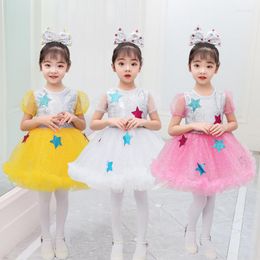 Stage Wear Kids Girls Puff Sleeves Sequin Ballet Tutu Mesh Dance Dress Set Children Performance Modern Jazz Costume