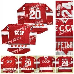 College Hockey Wears Nik1 Mens 20 Vladislav Tretiak 24 Sergei Makarov Vintage 1980 CCCP Russia Home Red Stitched Hockey Jersey Double Stitched Name and Number