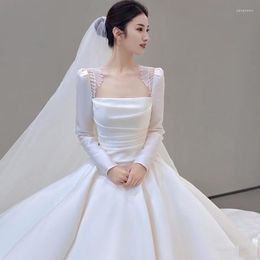 Ethnic Clothing French Simple Long Sleeve Wedding Dresses 2022 Bridal Gowns Princess Fairy Satin A Line Tailing Prom Party Gown