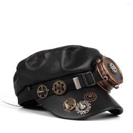 Berets Steampunk Military Hat With Punk Rivet Gear Goggler Flat Leather Sailor Hats For Women Men Captain Cap Travel Cadet