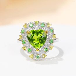 Wedding Rings Japanese And Korean Style Opening Adjustable Olivine Zircon Ring Micro-inlaid Peridot Heart-shaped Female Jewellery Gift