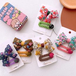 Autumn and Winter New Fashion Korean Children's Floral Fabric Bow Hairpins Sweet Girl Princess Button Wool BB Clip Headwear