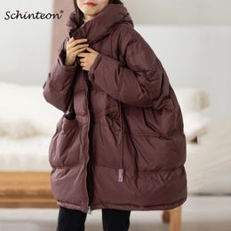 Kobiet Down Parkas Schinteon Women White Duck Kurtka swobodna luźna w rozmiarze jesienna zimowa ciepła ciepła warstwa z kapturem Korean Style płaszcz 221124