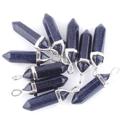 Natural Healing Hexagonal Column Chakra Gems Pendant Bead Blue Sand Stone For Necklace DIY 10pcs N3036