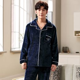 Men's Sleepwear Autumn Winter Flannel Pajamas Blue Solid Cartoon Pajama Sets Casual Sleep Lounge Pyjamas Plus Size 3XL Pijama 221124