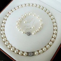 Women White 10mm Shell Pearl Necklace Bracelet Earring Set AAA 18" 8"