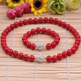 CHARMING 10MM RED shell pearl NECKLACE BRACELET JEWELRY SET 18"