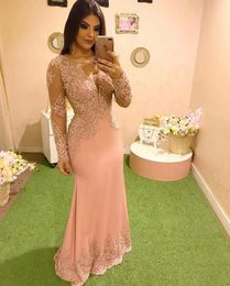 Peach Long Evening Dress Mermaid Full Sleeve Applique Dubai Special Occasion Dress Formal dresses Evening Party gown Prom Dress