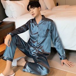 Men's Sleepwear Men Sleep Wear Silk Satin Pyjama Sets Turn-down Collar Pijama Long Sleeve Spring Nightwear Male Top Pants Homewear 221124
