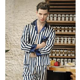 Men's Sleepwear 2022 Men Satin Silk Set Blue And White Striped Long Sleeve Pants Home Clothes Male Sexy Luxurious Pyjamas Spring