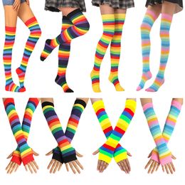 Socks Hosiery Colorful Rainbow Stockings Cute Thigh Knee Dance Striped Arm Warmer Gloves Christmas Gifts Women Cosplay Costume 221124