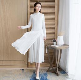 Ethnic Clothing 2022 Spring White China Traditional Retro Daily Improved Cheongsam Girl Long Sleeve Dress