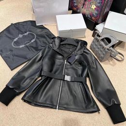 Womens Designer Hooded Jackets Triangle Fashion Long Sleeve Genuine leather Jacket E131