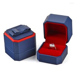 Jewellery Pouches Luxurious Octagonal Bow Box Organiser PU Leather Storage Case Proposal Ring Earring Display Packaging