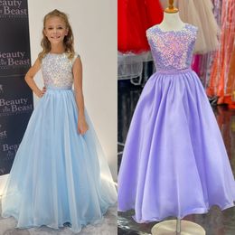 Sky-Blue Girls Pageant Dress 2023 Long A Line Sequin Organza Kids Birthday Formal Party Gown Infant Toddler Teens Preteen Baby Tiny Young Junior Miss Children Lilac