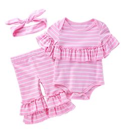 Niedliche Baby -M￤dchen -Herbst -Kleidung Sets 024 Monate Neugeborene Designerin Pink Stripe Ruffle Strampler Anz￼ge Cotton Rompersspantsheadban3190513