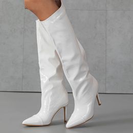 Fashion Patent leather Women Boots Loose Slip-on High Heels Knee-High Autumn Winter Female daily Boots Shoes Botas Mujer