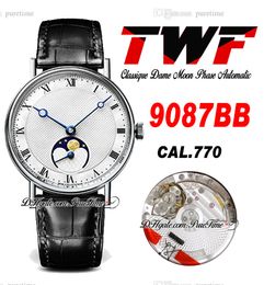 TWF Classique Dame 9087BB A770 Automático Assista de homens Phases da lua Case de aço Dial texturizada de prata Marcadores romanos Black Leather Strap Super Edition Relógios Puretime B2
