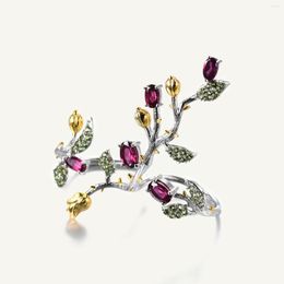 Cluster Rings GEM'S BALLET 925 Sterling Silver Adjustable Ring Natural Rhodolite Garnet Branch Flower Tree Double Finger For Women Party