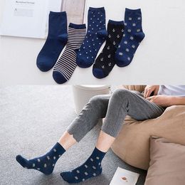 Men's Socks 5 Pairs Navy Blue Striped Print Pattern Cew Men Cotton Fashion Boy Hosier Spring Novelty High Quality Skateborad