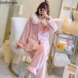Women's Sleepwear Winter Pyjama Sets Women Coral Velvet Ruffles Thermal Simple Single Breasted Fuzzy Nightwear Cute Tender Ins Stylish 221124