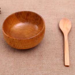 Bowls 2PCS Round Wooden Bowl Insulated Soup Noodle Rice Harmless Natural Crafts Household Kitchen Restaurant Tableware Handmade