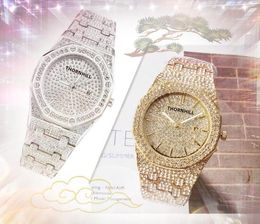 Three Pins Mens Diamonds Ring Watches 42mm Quartz Core Movement Calendar DAYDATE President top model set auger crime Wristwatch Montre De Luxe Gift
