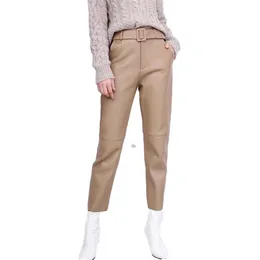 Pantaloni da donna Capris da donna in vera pelle 2022 Autunno Lady allentato sottile Harem in pelle di pecora a vita alta cintura casual alla caviglia