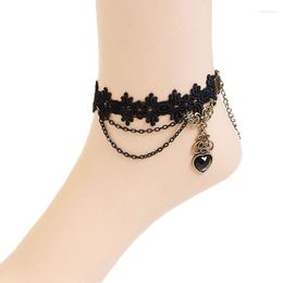 Anklets Womens Lady Gothic Bronze Heart Flower Layered Chain Lace Ankle Anklet Sandals Barefoot Bracelet Vintage Retro Fashion