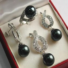 new jewelry plated 12mm black shell pearl Necklace pendant earring ring set