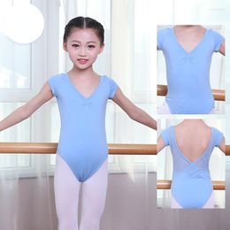 Stage Wear Girls Teen Ballet Leotard Mesh Splice Gymnastics Leotards Dance Bodysuit Black Short Sleeve Children Costumes