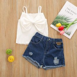 Clothing Sets CitgeeSummer Kid Girl Short Pants Outfits Solid Colour Big Bow-Knot Sling Tops Ripped Denim Shorts Clothes Set